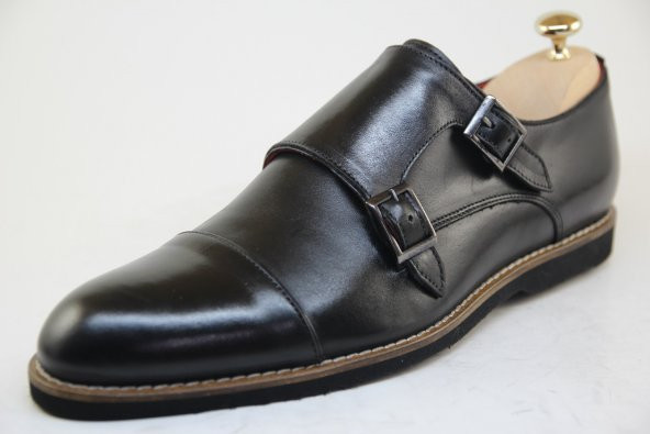 8394 Siyah Antik Deriden Çift Tokalı Hafi Eva Tabanlı Erkek Ayakkabı