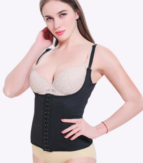 Askılı Vücut Şekillendirici Siyah Lateks Kancalı Bel Korsesi