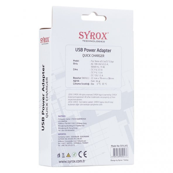 Syrox 2.A Hızlı Şarj Başlığı Samsung / Lg / Htc / Sony Uyumlu