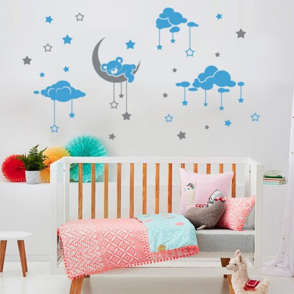 Dekor Loft Uyuyan Ayıcık Çocuk Odası Duvar Sticker CS-621  Mavi