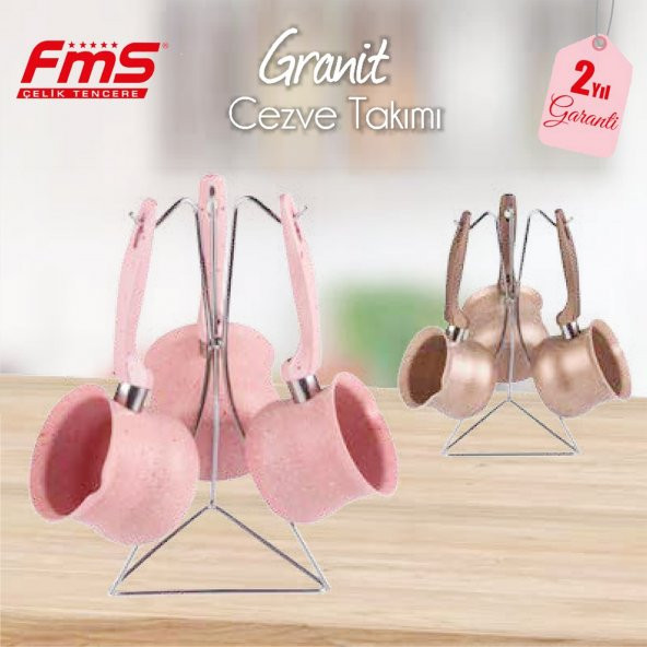 FMS 3lü Granit Cezve Takımı Seti 7028 4 Parça Pembe Bakır