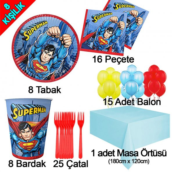8 Kişilik Superman Temalı Doğum Günü Konsept Paketi Süpermen Seti