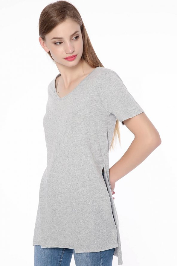Yırtmaçlı Basic Bayan T-Shirt Gri 2940