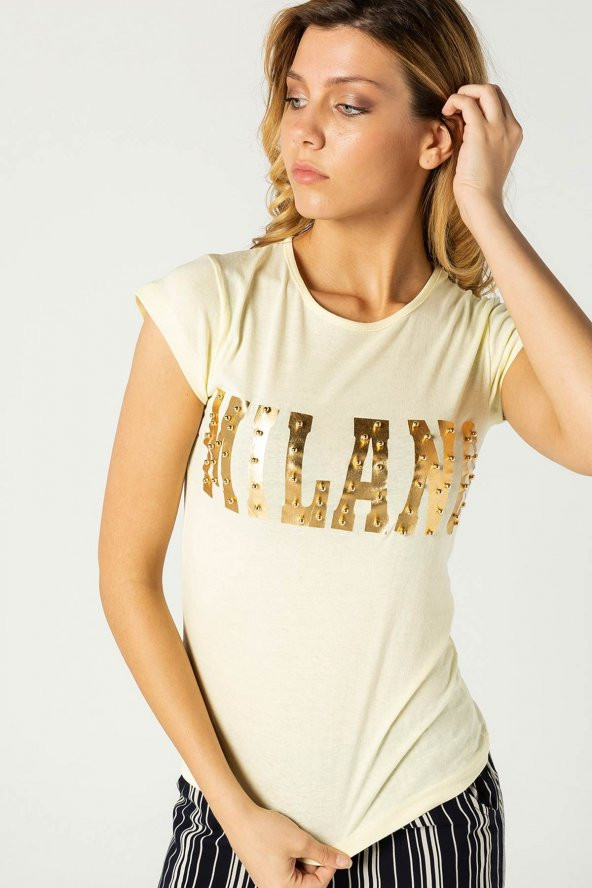Milano İnci Varak Baskılı Bayan T-Shirt Sarı 0277