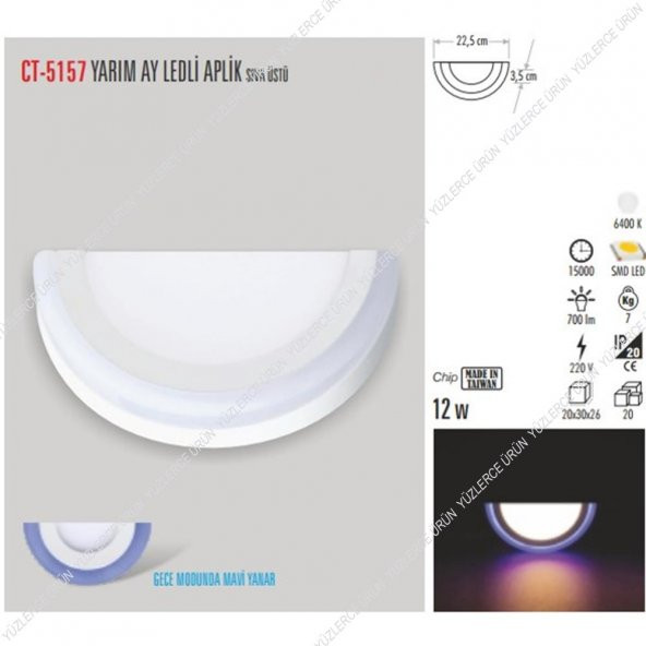 Cata CT 5157 12 Watt Sıva Üstü Yarım Ay Led Panel Armatür Aplik