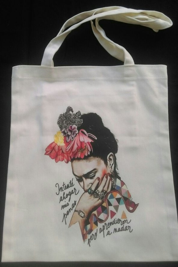 Frida Temalı Bez Çanta Tote Bag - Fermuarlı iç cep