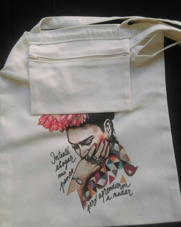 Frida Temalı Bez Çanta Tote Bag - Fermuarlı iç cep - 3