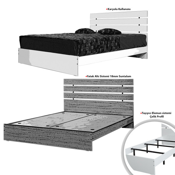 Huga Çift Kişilik 160 X 200 Karyola Komodin Takım, Meşe - 6