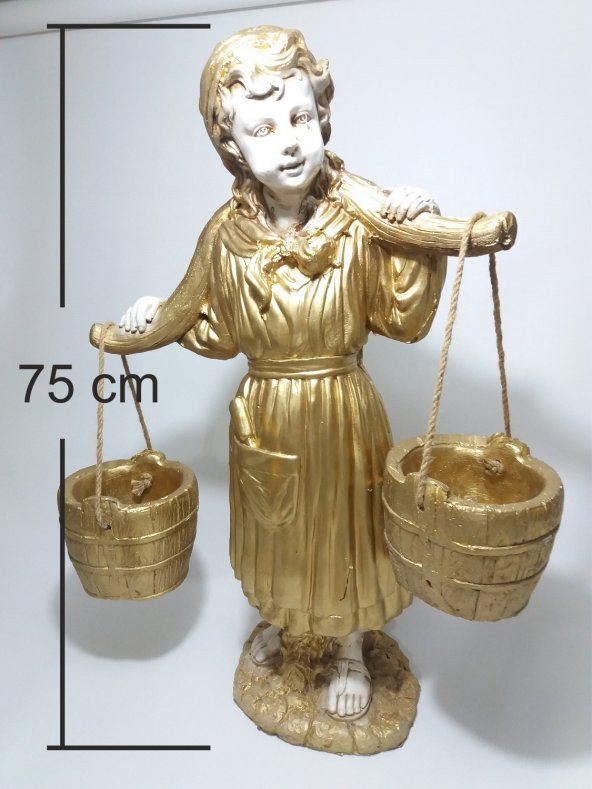 Altın Renk Askılı Sepetli Yoğurtçu Testili Kız 75 cm Ev Heykeli - 4