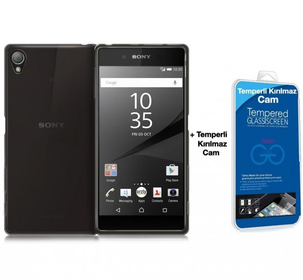 Sony Xperia Z5 Silikon Kılıf Siyah + Cam Ekran Koruyucu