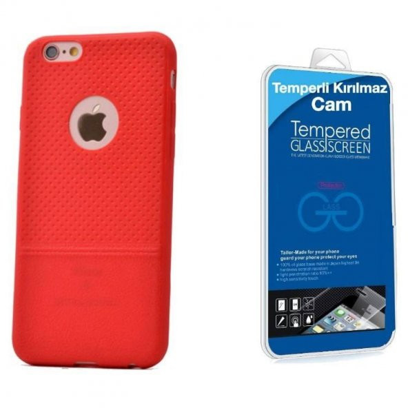 İPhone 6s Plus Benekli Silikon Kılıf Kırmızı + Cam Ekran Koruyucu