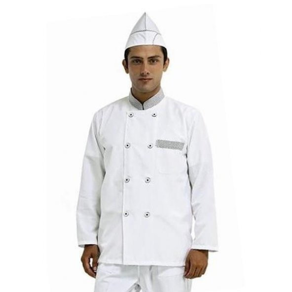 Aşçı Şef Ceketi İş Elbiseleri Cepli - Beyaz-Siyah Garnili-