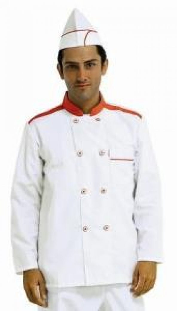 Aşçı Şef Ceketi İş Elbiseleri Yaka ve Omuzu Kırmızı