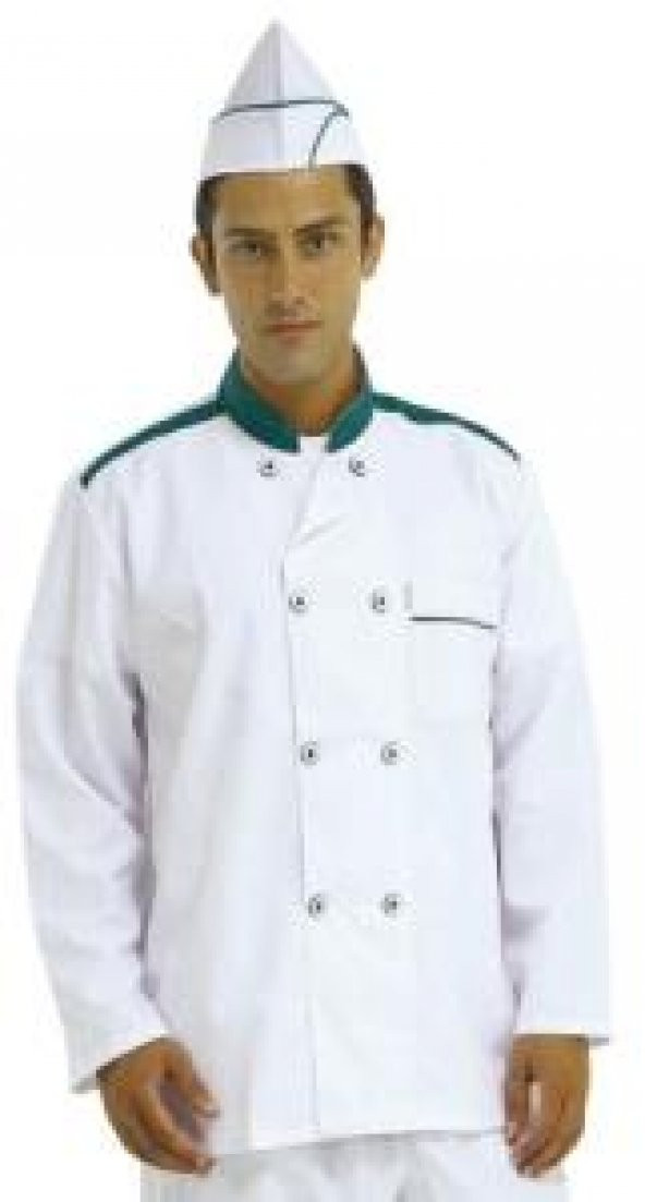 Aşçı Şef Ceketi İş Elbiseleri Yaka ve Omuzu Yeşil