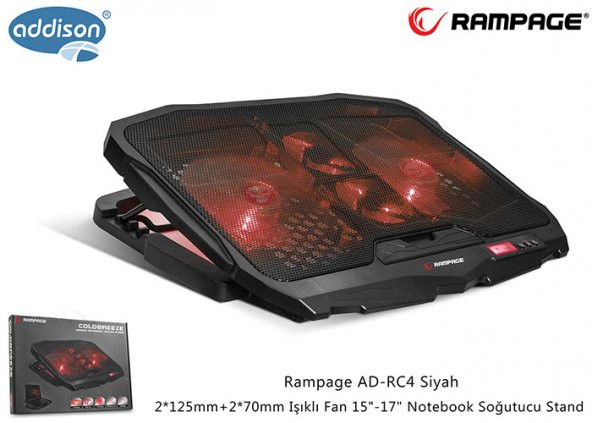 Addison Rampage AD-RC4 Siyah 2*125mm+2*70mm Işıklı Fan 15-17 Notebook Soğutucu Stand