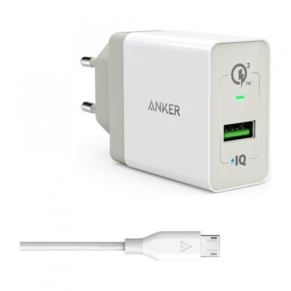 Anker PowerPort+1 QuickCharge 3.0 Hızlı Şarj Cihazı ve Anker 0.9 Mt Micro USB Kablo Beyaz