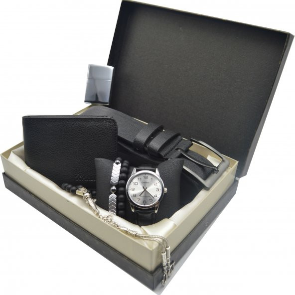 Casio Hediye Seti Gümüş Saat Tesbih Cüzdan ve Kemer Çakmak