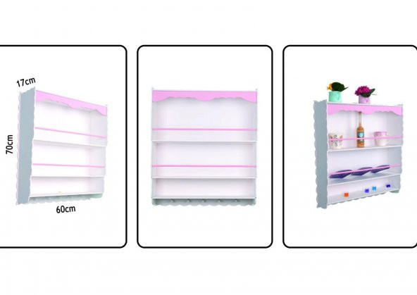 Ahşap 3 Gözlü Pembe Beyaz Mutfak Rafı Terek - 2