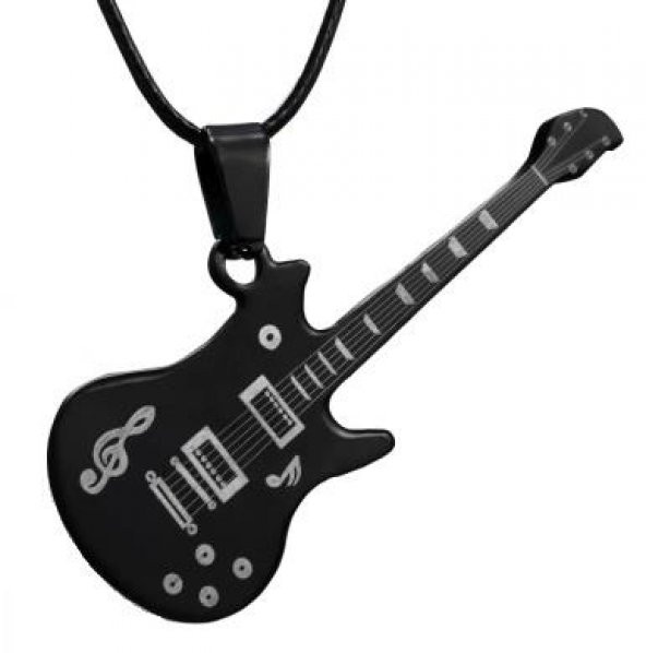 Paslanmaz Çelik Siyah Elektro Gitar Kolye Erkek Takı