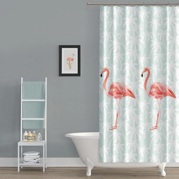 Flamingos Banyo Duş Perdesi 180x200cm + Perde Halkası