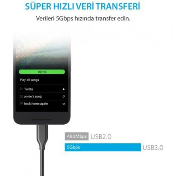 ANKER Powerline USB-C to USB 3.0 Type-C Şarj 0.9 Metre - Siyah - Resim 2