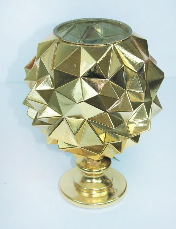 Cam Dekoratif Üçgen Kabartmalı Altın Renk Vazo 30 cm