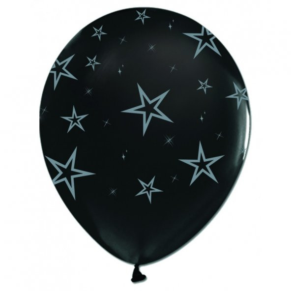 100 adet Kikajoy Çepeçevre Gümüş Yıldızlar Baskılı Siyah Balon