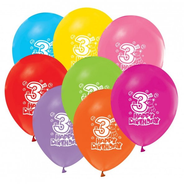 100 adet Happy Birthday 3 Yaş Baskılı Balon + Balon Pompası