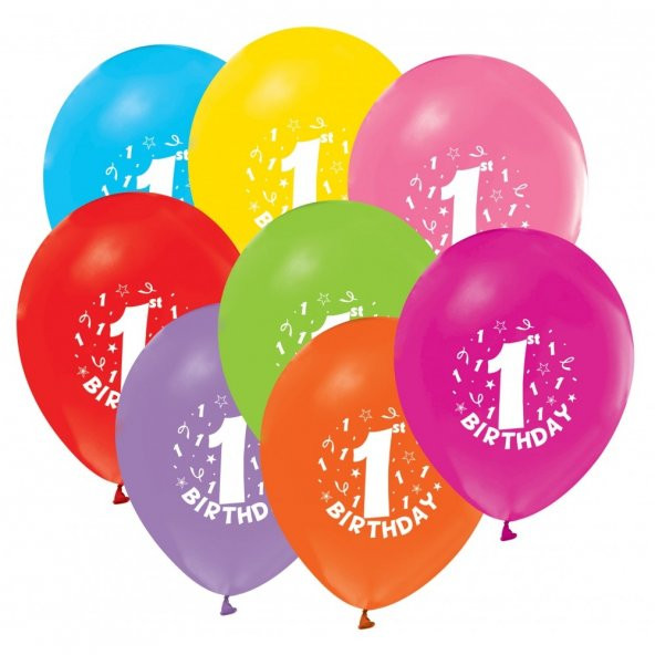100 adet Happy Birthday 1 Yaş Baskılı Balon + Balon Pompası