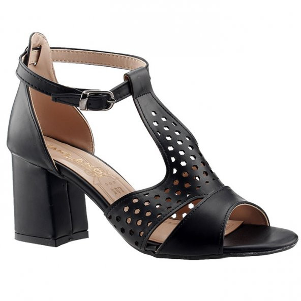 Ayakland 11005-245 Siyah 7 Cm Topuklu Bayan Cilt Sandalet Ayakkabı