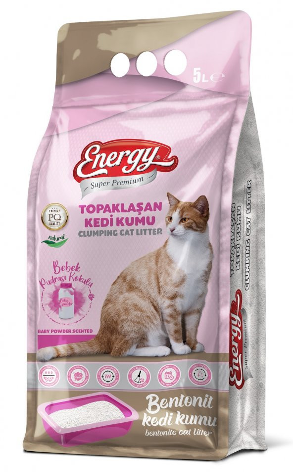 Energy Bentonit Kedi Kumu Bebek Pudrası Kokulu 5 Lt