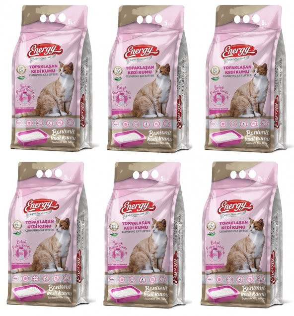 Energy Bentonit Kedi Kumu Bebek Pudrası Kokulu 5 Lt - 6 Paket - Toplam 30 Lt