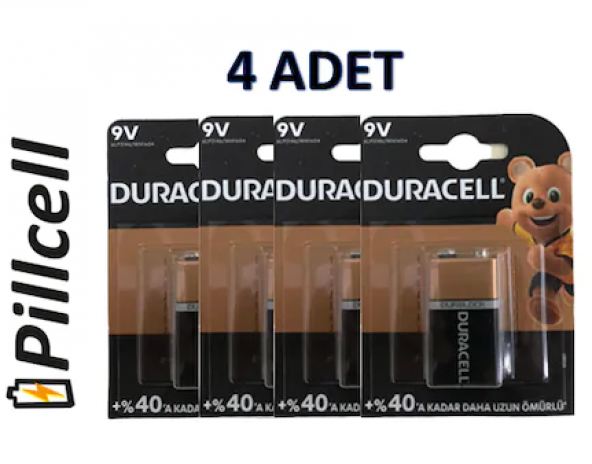 Duracell 9 Volt Alkaline Pil * 4 Adet