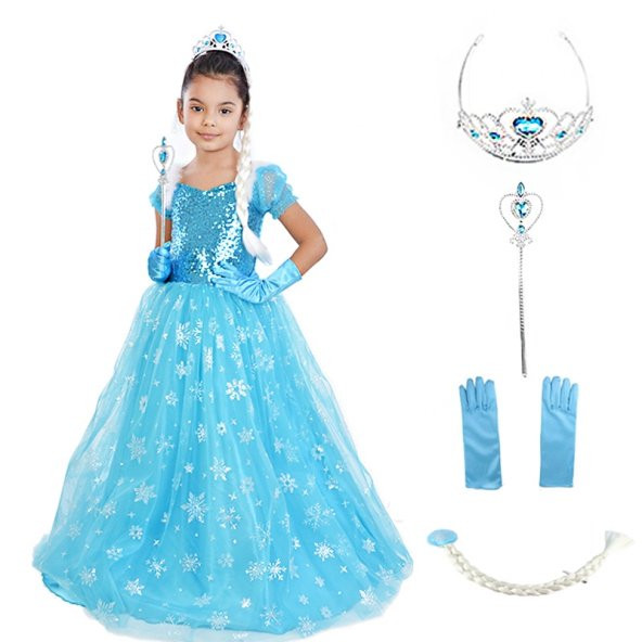 Kız Çocuk Kostümü - Frozen Kostüm Abiye - Kısa Kol Tüylü Tarlatan
