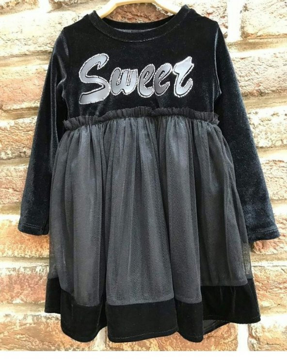 Sweet Kız Çocuk İnci Kadife Tüllü  Elbise 1009