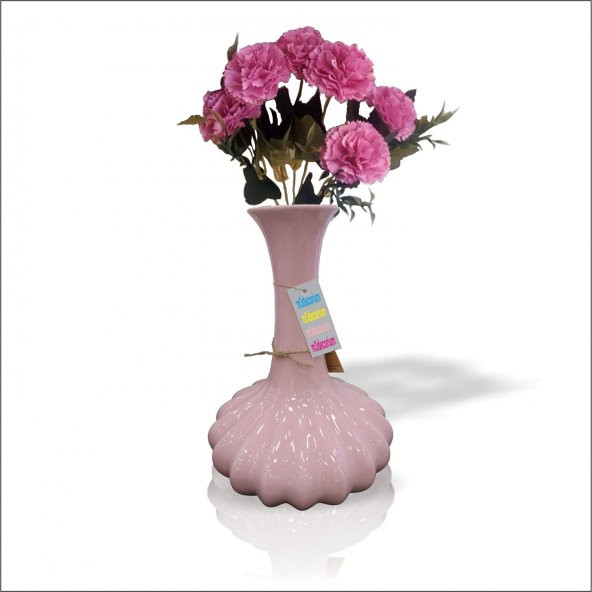 Yapay 6 Parça 36 cm Pembe Güllü Tırtıklı Şişman Uzun 32 cm Islak Kuru Çiçek Geniş Taban Seramik Vazo
