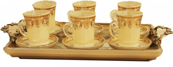 Lucky Art Tepsili 6 Lı Altın İşlemeli Çay Takımı
