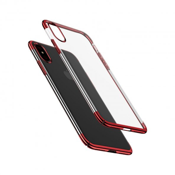 Baseus iPhone X Glitter Serisi Şeffaf Sert Arka Kapak Kırmızı + Ekran Koruyucu