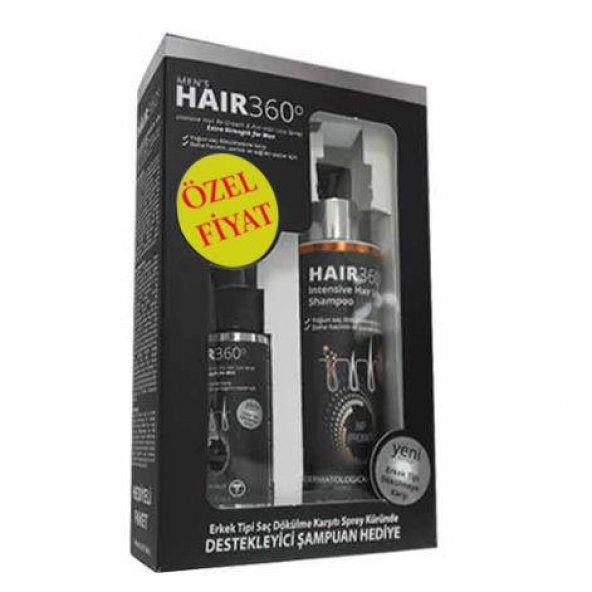 Hair 360 Men 50 ml + Hair 360 İntensive Hair Loss Shampoo 200 ml Hediyeli Saç Spreyi Seti