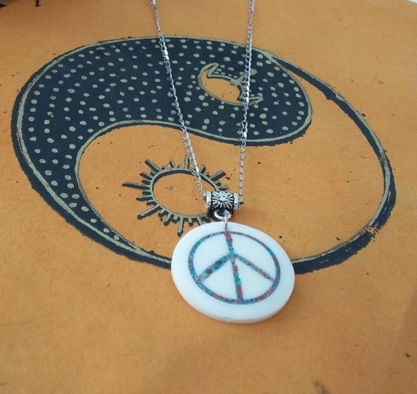 Mercan Turkuaz Kakmalı Kemik Barış Peace Çelik Zincirli Bayan Kolye mçk154 - 2