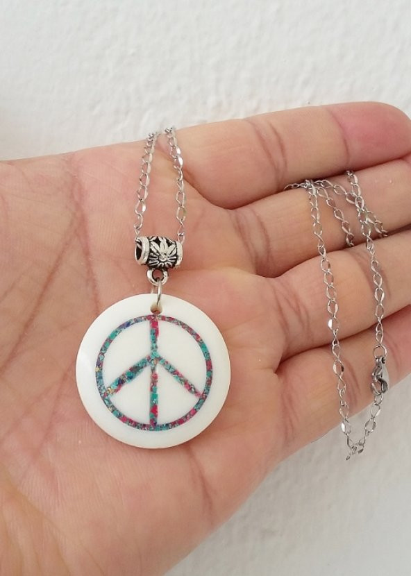 Mercan Turkuaz Kakmalı Kemik Barış Peace Çelik Zincirli Bayan Kolye mçk154 - 3