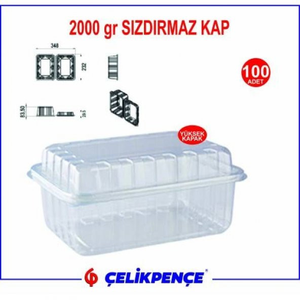 2000 gr. Plastik Sızdırmaz Kap Yüksek Kapak 100 Adet - 2