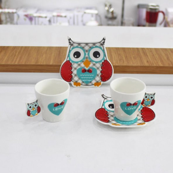 2li Porselen Baykuş Model Mavi-Kırmızı Renk Kahve Fincan Takımı