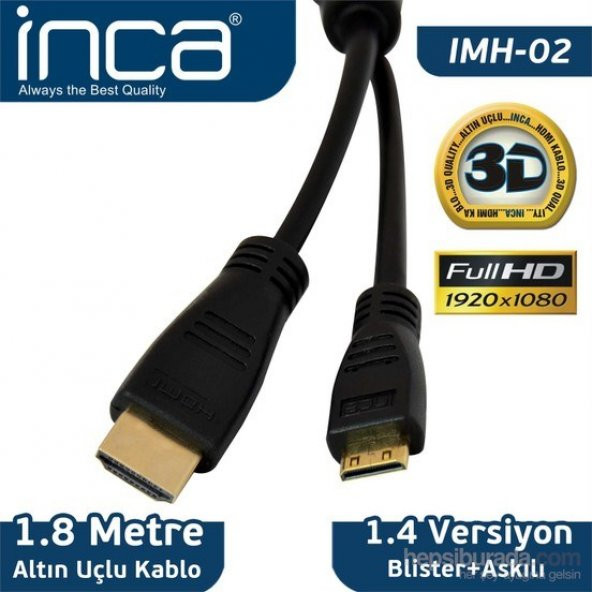 Inca IMH-02 Mini HDMI-HDMI V1.4 3D 1.8m Full HD Altın U&ccedillu Kablo