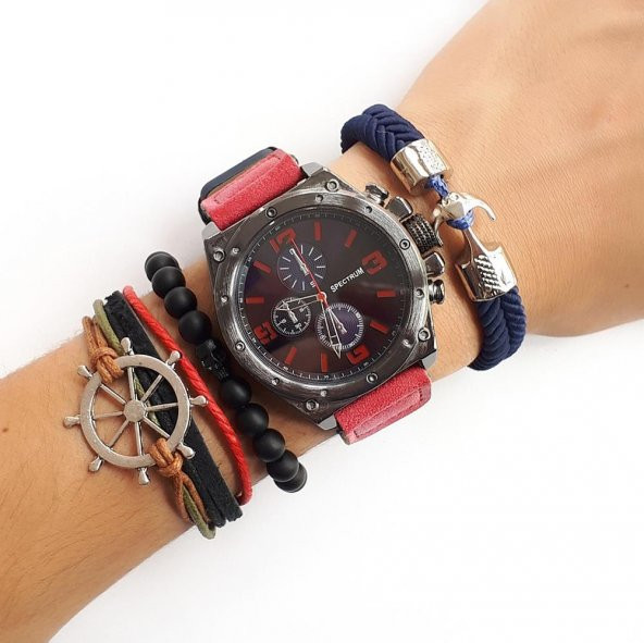 SPECTRUM MARKA LACİVERT DERİ KORDONLU ERKEK SAAT KOMBİNİ