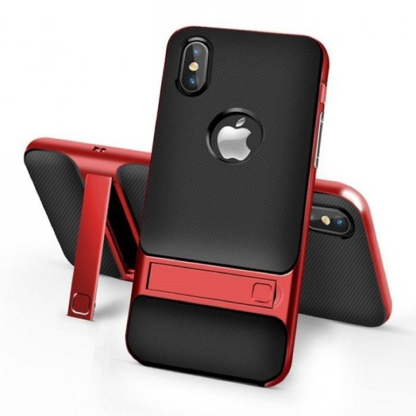 Apple iPhone X Gizli Stand Kırmızı Kılıf Arka Koruyucu Kapak