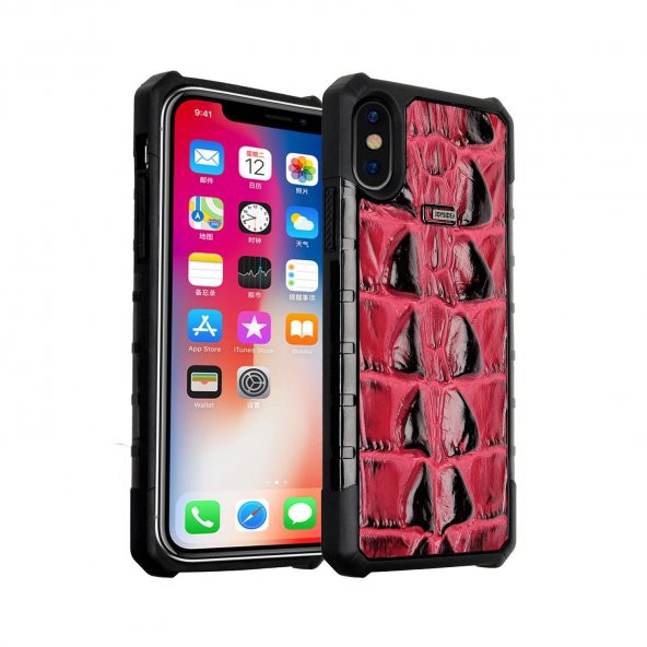 iPhone X Deri Kılıf Croxy Kapak Kap Bordo + Temperli Cam Ekran Ko