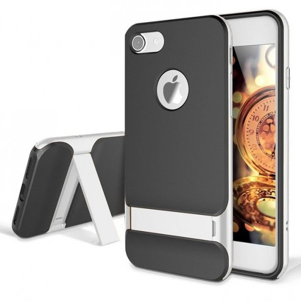 Gizli Stand Ayaklı Gümüş Gri Apple iPhone 7 Kılıf Arka Koruyucu K
