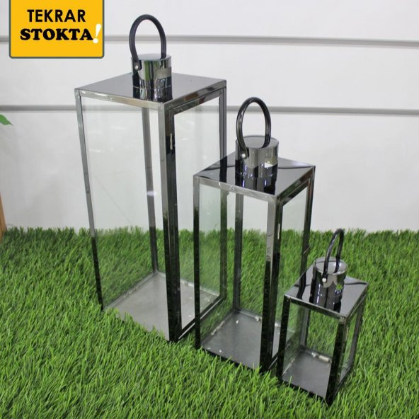 Yeni 3lü Metal Camlı Dekoratif Siyah Renk Fener Mumluk 1.kalite
