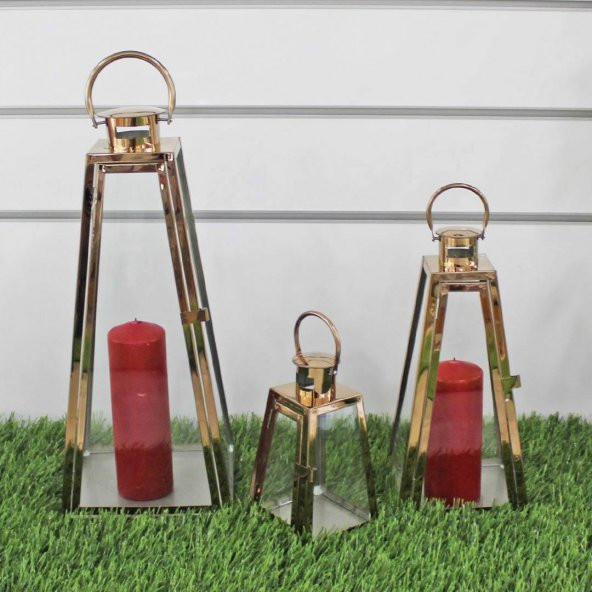 Yeni 3lü Metal Camlı Dekoratif Üçgen Model Bronz Fener Mumluk